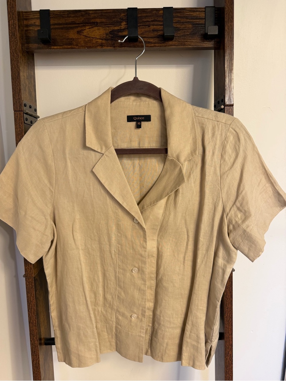 Quince Short Sleeve Linen Button-Front Top — Neutral Beige